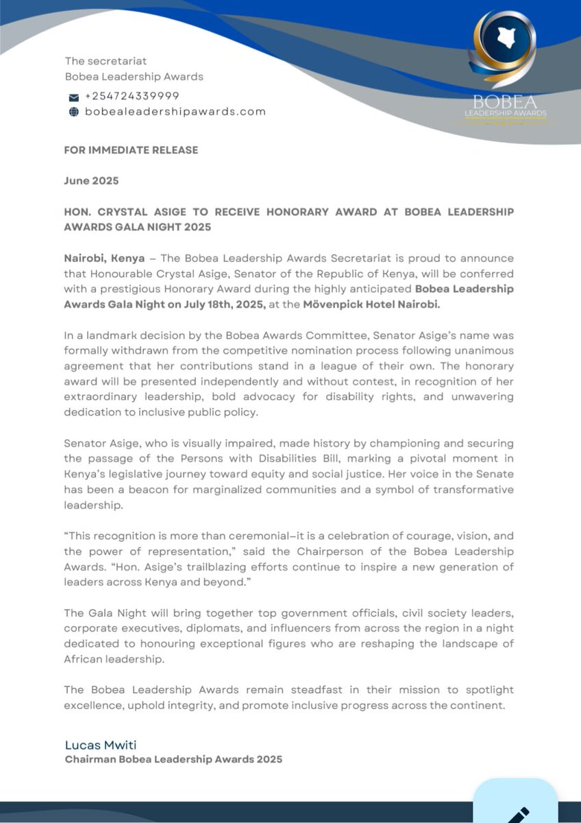Bobea Leadership Awards (@bobeaawards) on Twitter photo Let’s celebrate <a href="/CrystalAsige/">Crystal Asige</a> for her inspiring leadership & advocacy that's why we have Nominated Hon. Senator Crystal Asige for an honorary award at the BOBEA Leadership Awards Gala Night 2025. Her impact deserves recognition!
<a href="/scherargei/">Senator Kiprotich Arap Cherargei</a> <a href="/parliament/">parliament</a>
#BOBEAAwards2025 Let’s celebrate <a href="/CrystalAsige/">Crystal Asige</a> for her inspiring leadership & advocacy that's why we have Nominated Hon. Senator Crystal Asige for an honorary award at the BOBEA Leadership Awards Gala Night 2025. Her impact deserves recognition!
<a href="/scherargei/">Senator Kiprotich Arap Cherargei</a> <a href="/parliament/">parliament</a>
#BOBEAAwards2025