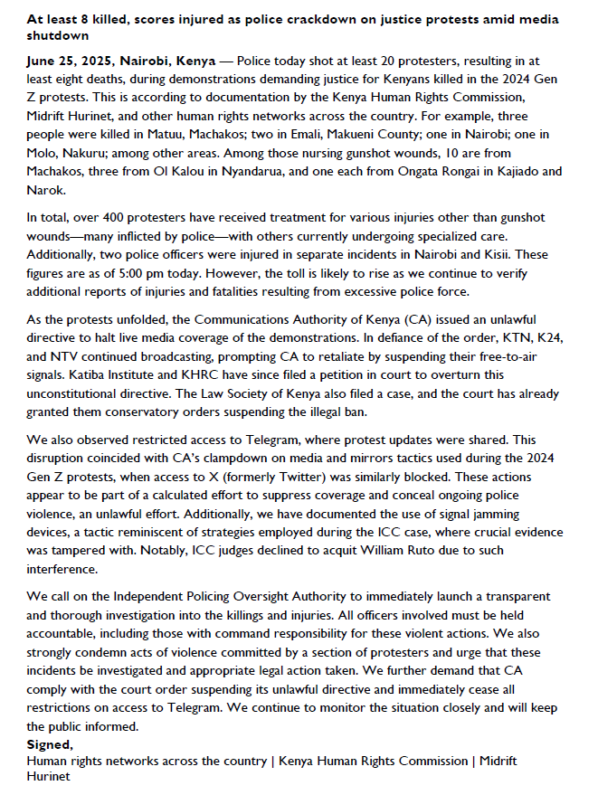 #PressStatement
At least 8 killed, scores injured as police crackdown on justice protests amid media shutdown