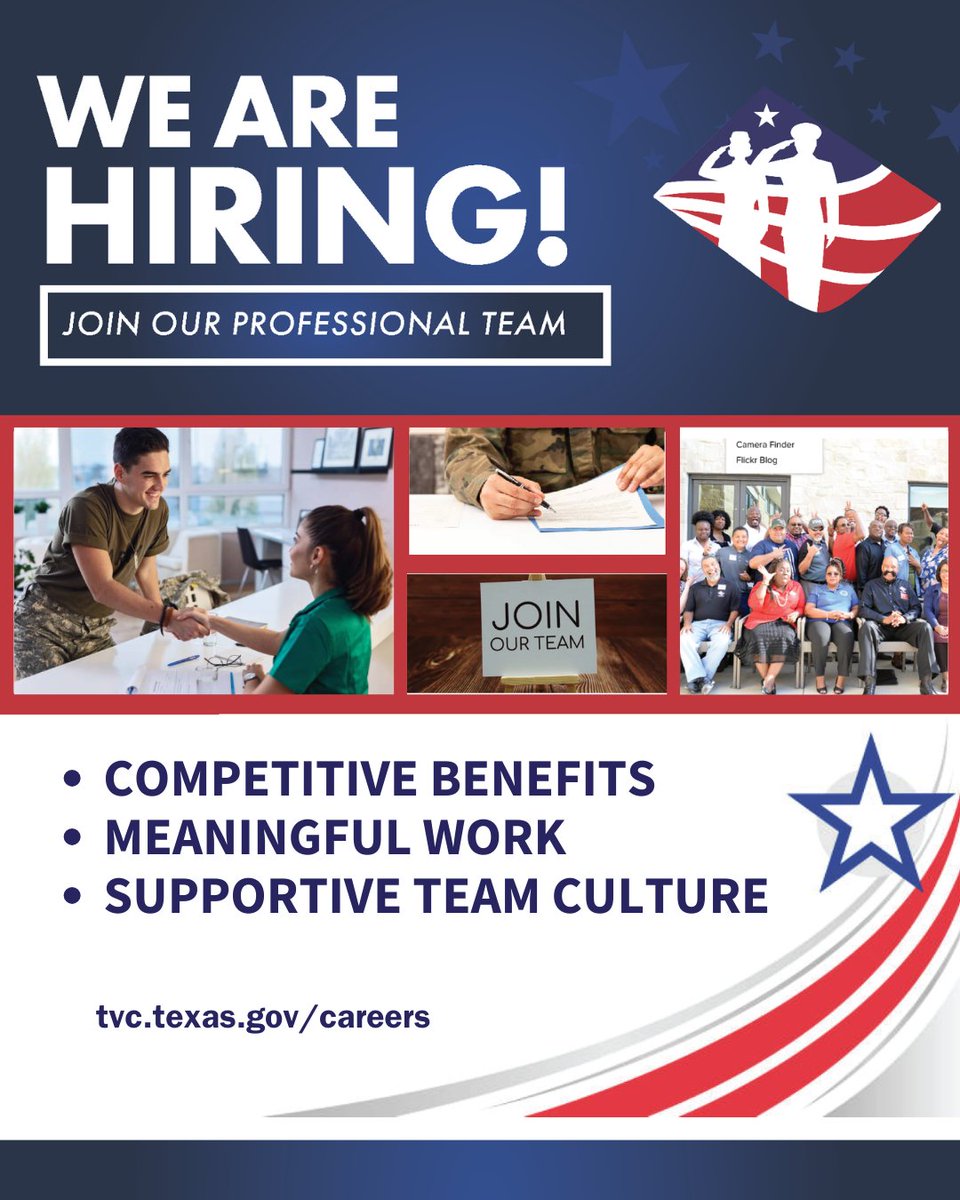 Interested in joining the Texas Veterans Commission team? We're hiring! 

🔗Learn More: ow.ly/41TM50VhpBk

#TexasVeterans #Hiring #TexasJobs #TexasCareers
