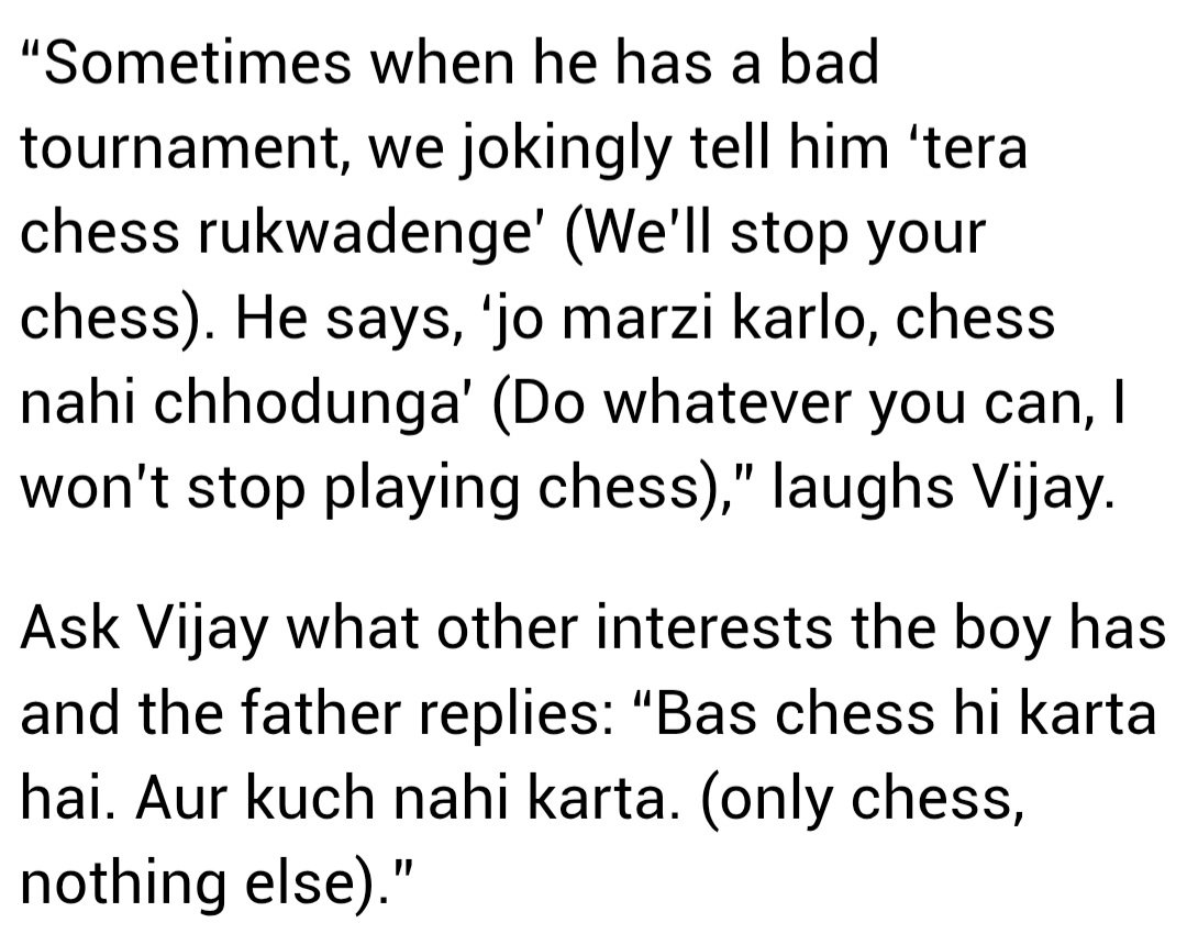 Conversation between a nine-year-old who is head over heels in love with chess and his father

Said 9-year-old came close to beating #MagnusCarlsen.

Meet the 9-yr-old from Mayur Vihar who drew five-time world champion