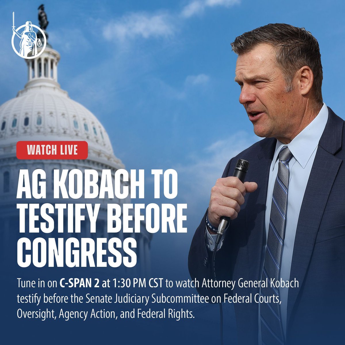 KSAGOffice's tweet image. 🔴 WATCH LIVE: Tune in this afternoon at 1:30 CST on C-SPAN 2 as Attorney General Kris Kobach testifies before the U.S. Senate Judiciary Subcommittee on Federal Courts, Oversight, Agency Action, and Federal Rights.