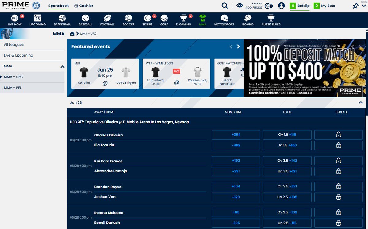 #UFC317 Odds: Topuria vs. Oliveira Showdown

A bout between undefeated Ilia Topuria and Charles Oliveira for the vacant UFC lightweight belt headlines the scheduled 11-fight UFC 317 ticket on Saturday, June 28. 

Coming off back-to-back knockout wins over Alexander Volkanovski