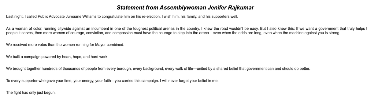 Sophie Krichevsky (she/her/hers) (@skrichev13) on Twitter photo INBOX: <a href="/JeniferRajkumar/">Jenifer Rajkumar</a> puts out a statement following her loss to <a href="/JumaaneWilliams/">Jumaane Williams (@jumaane.bsky.social)</a> INBOX: <a href="/JeniferRajkumar/">Jenifer Rajkumar</a> puts out a statement following her loss to <a href="/JumaaneWilliams/">Jumaane Williams (@jumaane.bsky.social)</a>