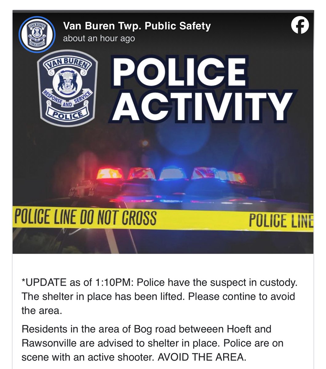 Van Buren Township, MI: Police responded to an active shooter on Bog Rd. between Hoeft and Rawsonville. Shelter-in-place ordered. SkyFOX captured police with guns drawn, one man in custody. Public urged to avoid the area. #Michigan_shooting
