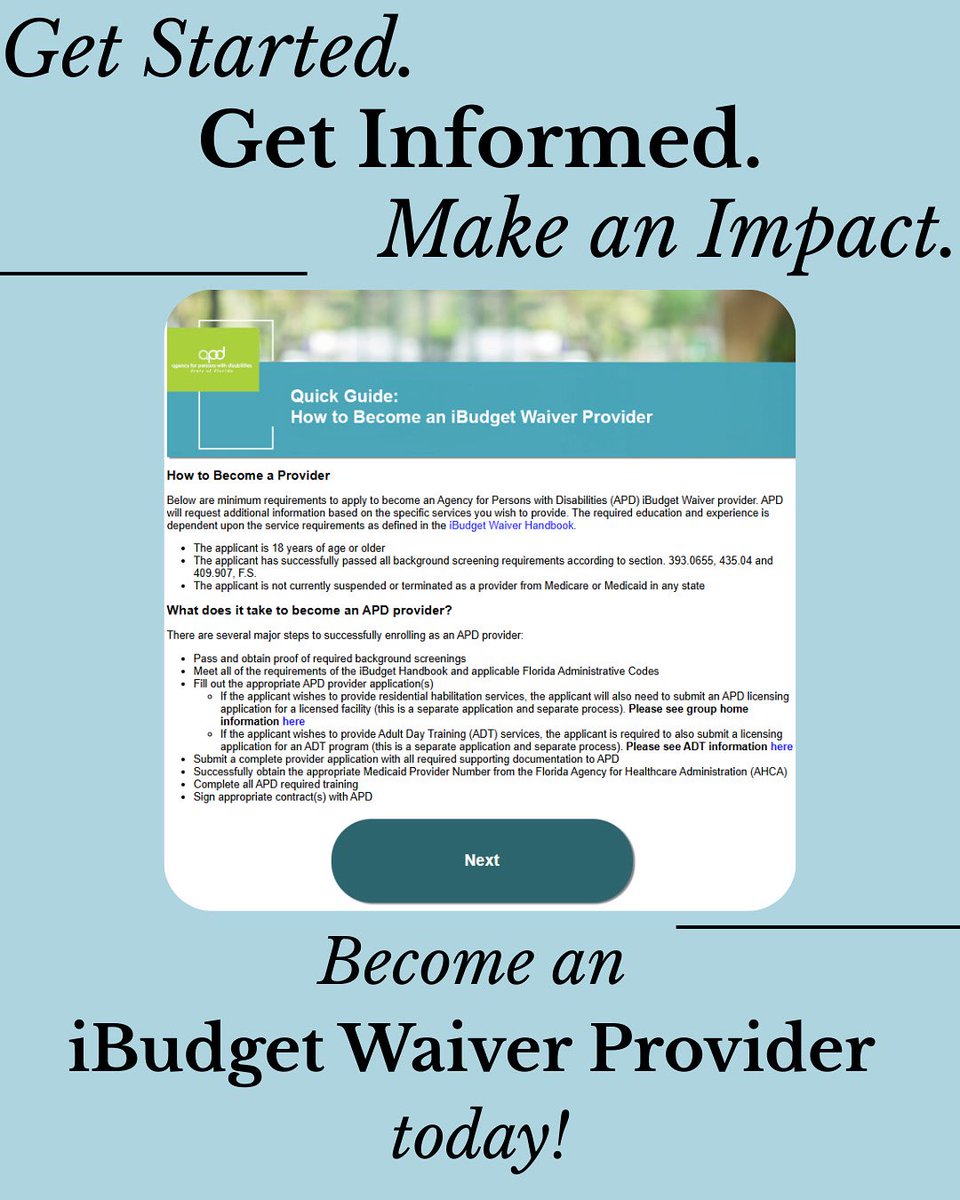 FloridaAPD's tweet image. APD is proud to launch the Quick Guide: How to Become an iBudget Waiver Provider—a simple, step-by-step tool to help you get started.
•Answer a few quick questions
•Get a personalized path with tailored information & forms
•Take the first step toward serving Floridians with…