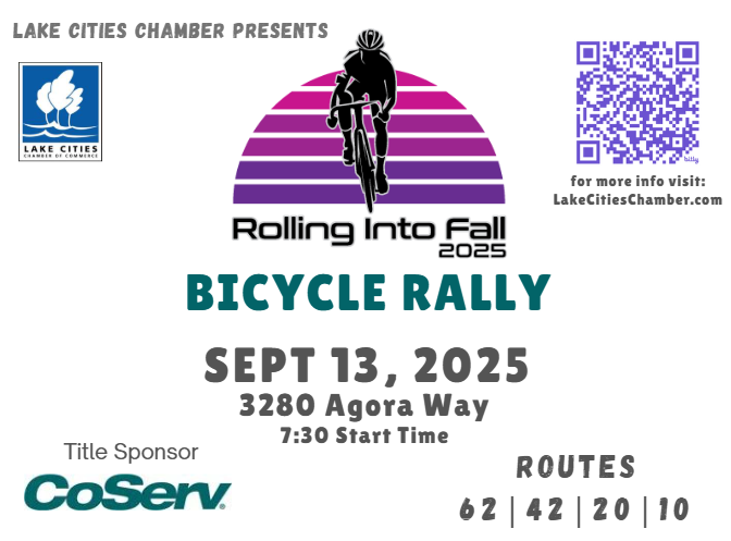 LakeCchamber's tweet photo. This year's Annual Rolling Into Fall Bicycle Rally has a brand new metric century ride! Every participate receives a medal, shirt &amp; free breakfast tacos at the end!
You can register here: https://t.co/TrYwsdHxG3
#lakecitieschamber #BicycleRally #rollingintofall https://t.co/qCv8aAbGwq