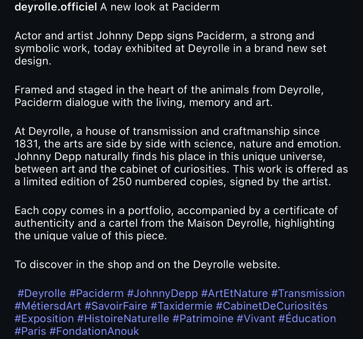 JerrieDepp's tweet photo. A new look at God Dad (#JohnnyDepp)’s “Paciderm” a powerful, symbolic piece now on display at Deyrolle in a brand-new designer setting. 🖤 Limited to 250 signed copies.
(Repost from Deyrolle.Official’s IG)
#Paciderm #JohnnyDeppArt #Deyrolle https://t.co/vGxi8DXPM2