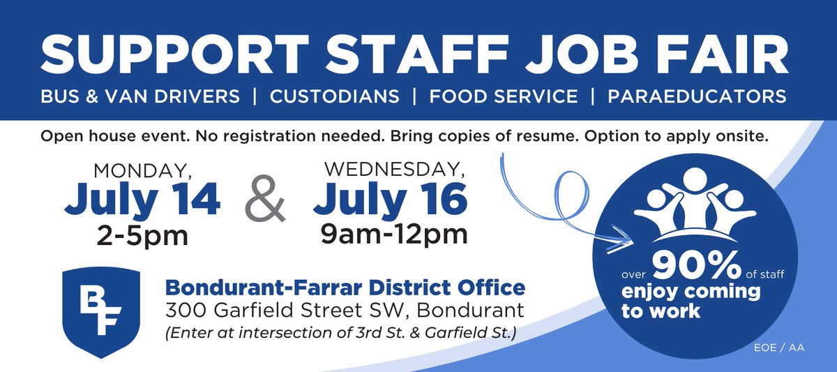 We're hiring!  🚨

Join us at our Support Staff Job Fair to learn more about open positions in our schools and apply on-site with assistance. We hope to see you there!

Learn more: bit.ly/4l31JBu

#WeAreBondurantFarrar 💙