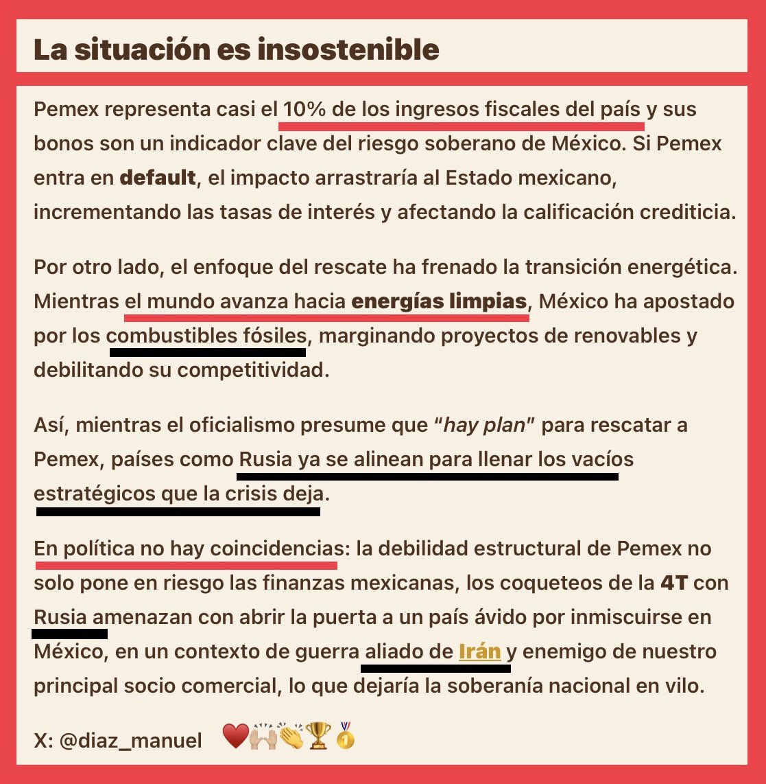espiritutiflaut's tweet photo. @diaz_manuel @diaz_manuel ♥️🙌🏼👏🏆🥇@Pemex  “#Pemexproa” Rusia 🇷🇺 y la 🤬dependencia 
#HayPlan  pero, ¿para quién? 
🤥 Prometer es fácil.
🤬 La situación es insostenible 
@ONU_es @OEA_oficial @anticorruption @Europarl_IT 
@POTUS @CanadianPM https://t.co/MT4efsWbtw