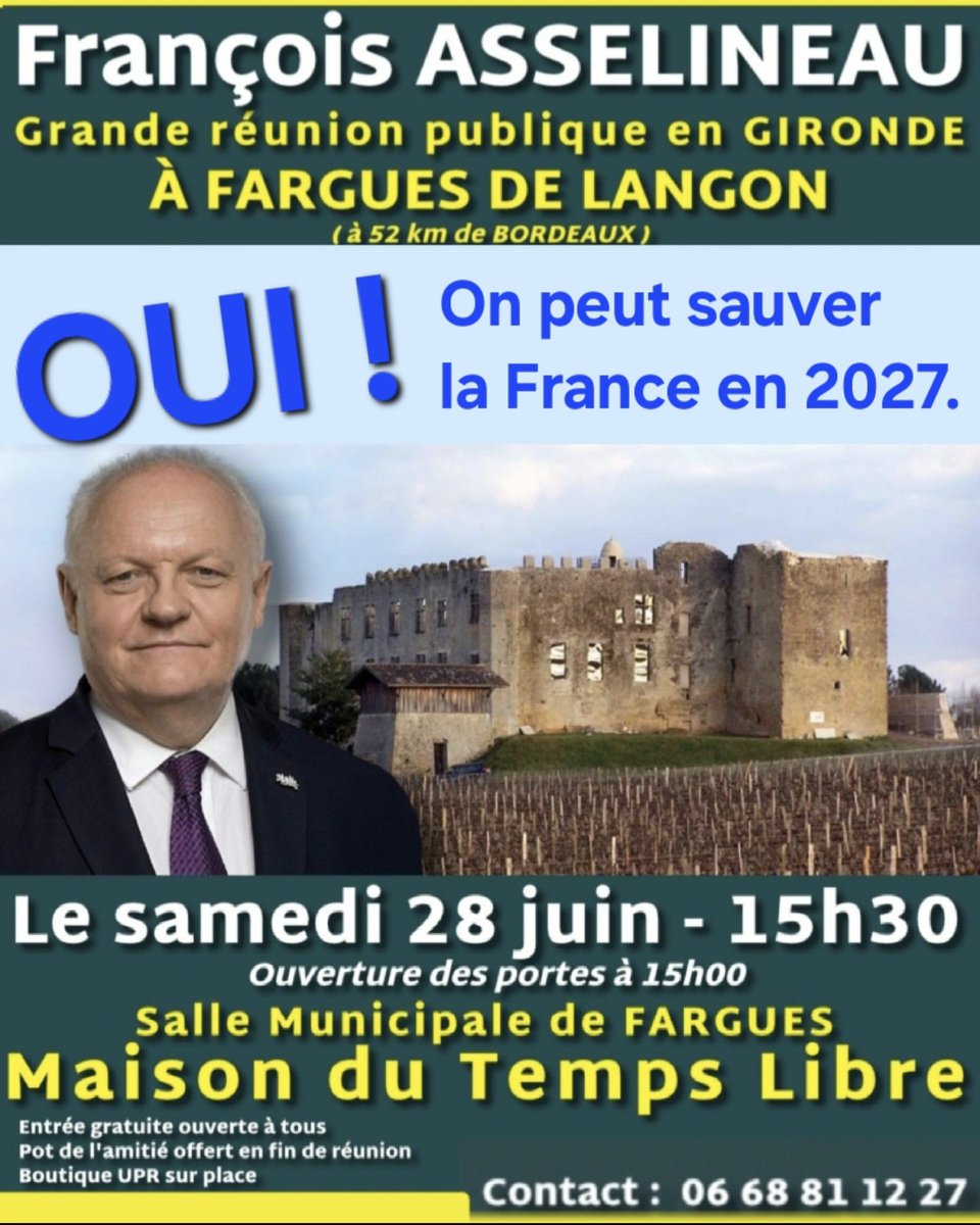 🗓 AGENDA
▪️Vous résidez en Gironde ou vous séjournez dans le Grand Sud-ouest ?
▪️Venez à ma grande
RÉUNION PUBLIQUE
"Thème
OUI !
ON PEUT SAUVER
LA FRANCE EN 2027."

-à Fargues de Langon (Gironde)
-samedi 28 juin 2025
-à partir de 15h
-entrée gratuite pour tous
-buffet
-boutique