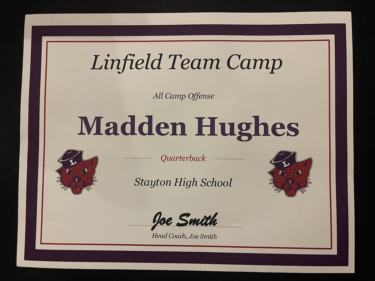 Blessed to have been named all camp at <a href="/LinfieldFB/">Linfield Football</a>’s camp this past week as a sophomore! Thanks to the coaches: <a href="/CoachSmithCats/">Coach Joseph Smith</a> <a href="/CoachJVaughan/">Jackson Vaughan</a>