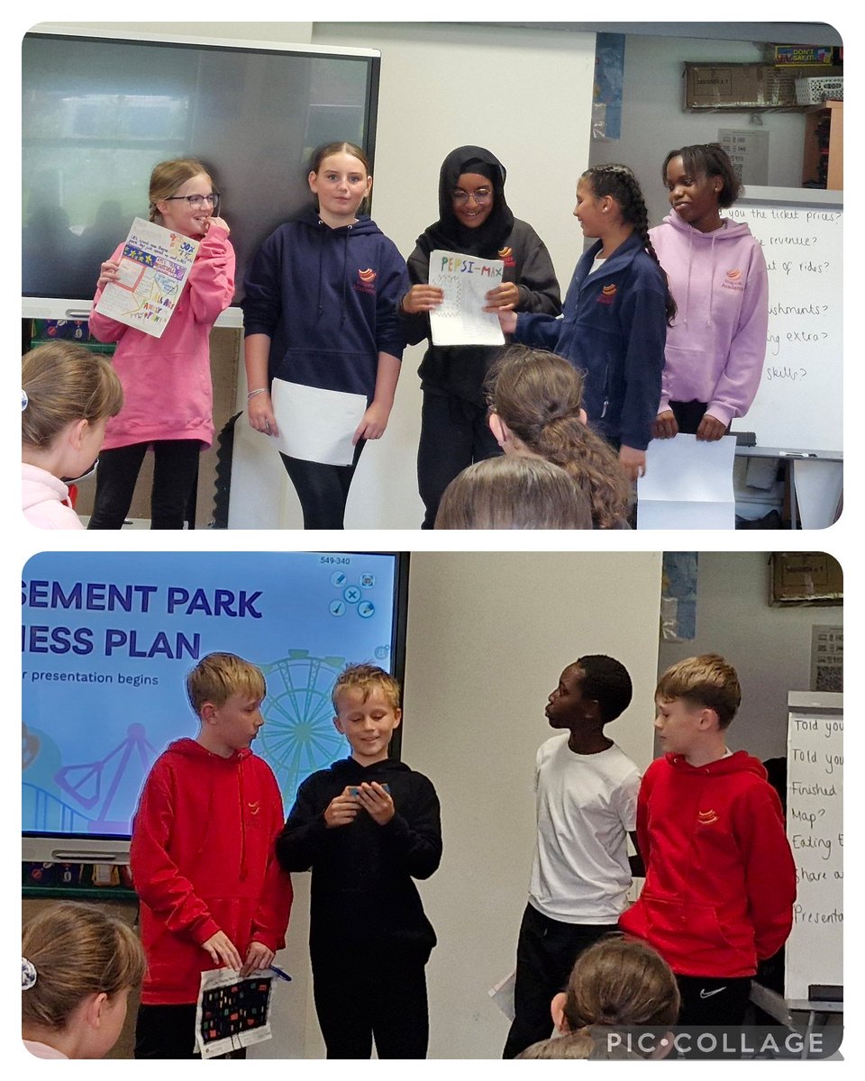 Y6A have been split into groups creating their own theme park. They have created a business plan, park map, brochure of their top rides &amp; eating establishments before working our their building costs running costs &amp; revenue. Each group then presented to the class #teamwork