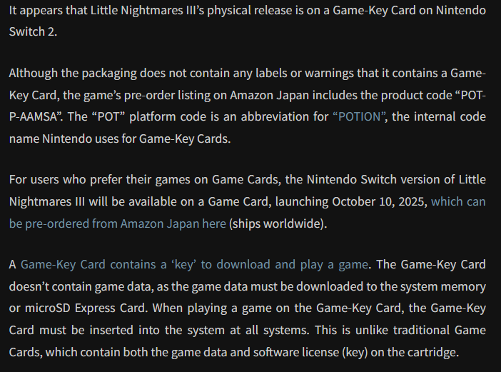 PhysicReleases's tweet photo. Bad news for those who like a proper physical release,  Little Nightmares III is yet another Game-Key Card on the Nintendo Switch 2 #NSW2 

Source: Nintendo Soup https://t.co/WhK4YUAFCQ