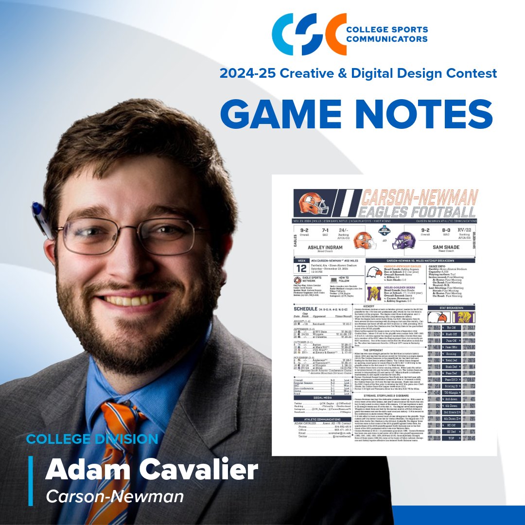 CollSportsComm's tweet photo. A double award winner! Congrats again to Adam Cavalier (@cavonthecall) of @CN_Eagles for earning another first place in the CSC Creative & Digital Design Contest for his "Carson-Newman Football Game Notes".

Take a look his award winning work ⤵️

@carson_newman_u @SAC_Athletics @NCAADII @diisida