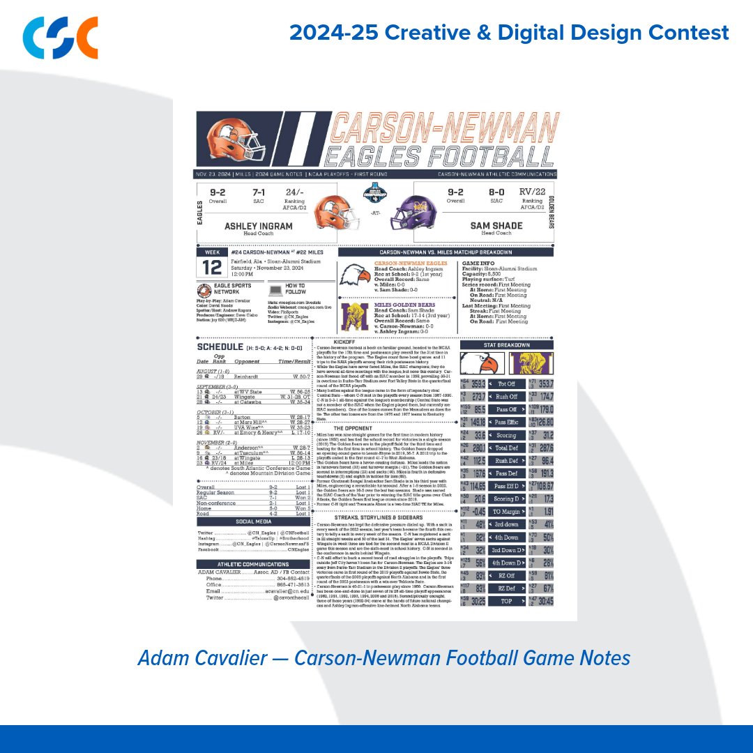 CollSportsComm's tweet photo. A double award winner! Congrats again to Adam Cavalier (@cavonthecall) of @CN_Eagles for earning another first place in the CSC Creative & Digital Design Contest for his "Carson-Newman Football Game Notes".

Take a look his award winning work ⤵️

@carson_newman_u @SAC_Athletics @NCAADII @diisida