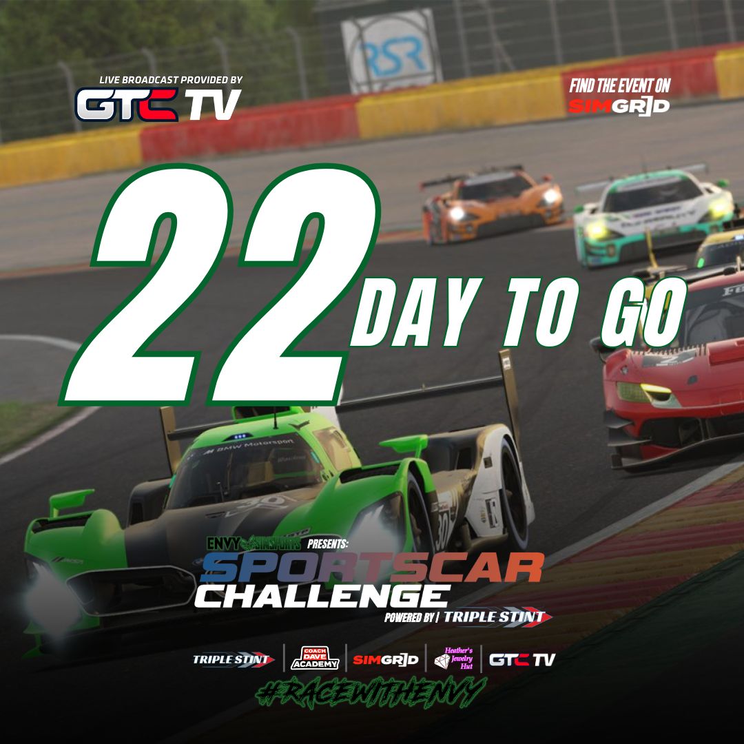 envysimsports's tweet photo. 2β£2β£ days to go until the start of our new series. If you like multi-class racing, you will want to join the #SportscarChallenge on July 18th. Register now on #simgrid πhttps://t.co/QvwR3PAGjK
See you on the Grid! #RaceWithEnvy
@GTChampions_ | #racing | @triple_stint | #simracing | #iracing | #coachdavesetups