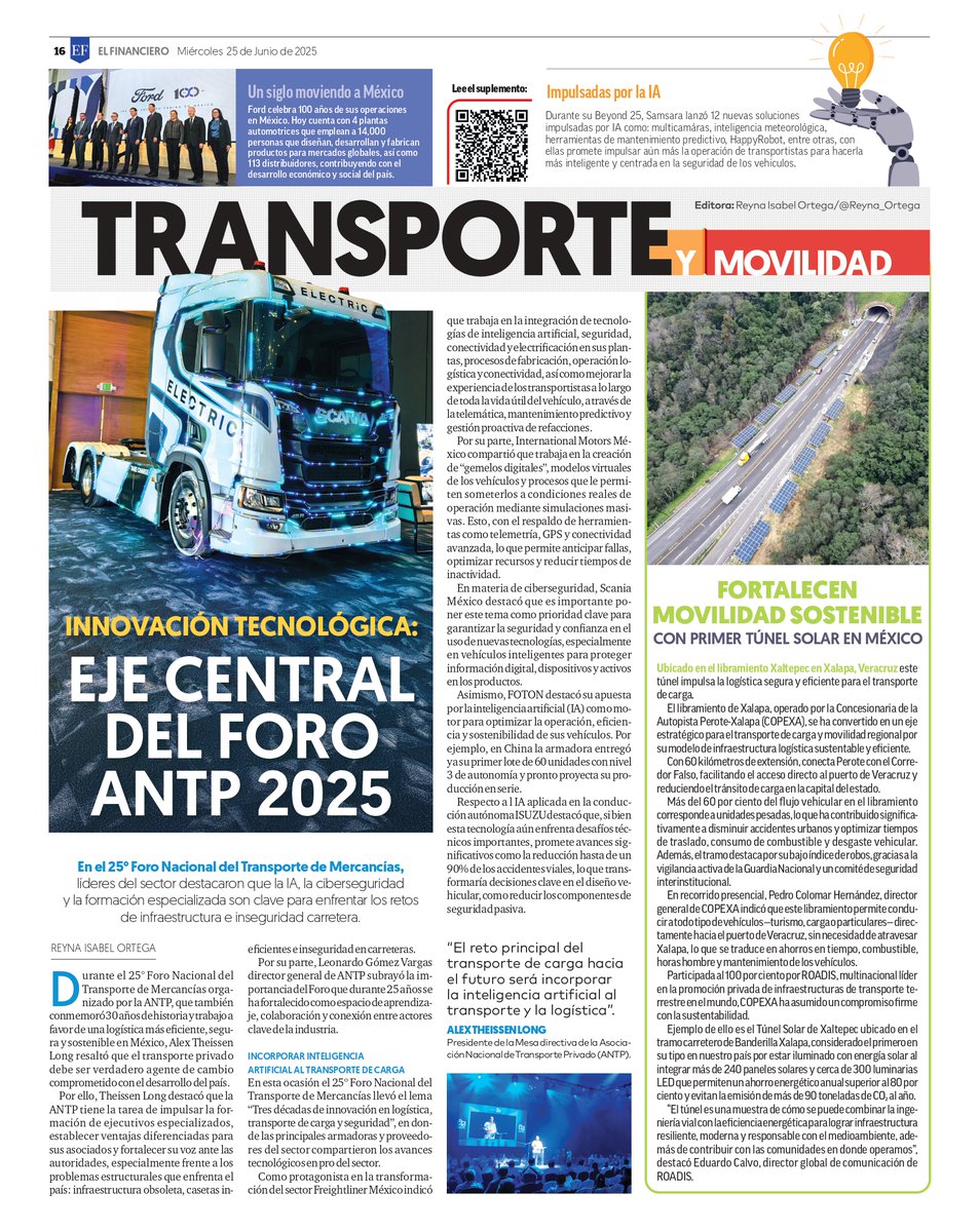 ElFinanciero_Mx's tweet photo. En el 25° Foro Nacional del Transporte de Mercancías, líderes del sector destacaron que la IA, la ciberseguridad y la formación especializada son clave para el futuro del autotransporte de carga

COPEXA y ROADIS operan primer túnel carretero iluminado con energía solar en México en el municipio Xaltepec en Xalapa, Veracruz.

Ford cumple 100 años en México. Jim Farley, presidente y CEO de Ford Motor Company estuvo presente.

👉 https://t.co/uva3jxhG7E