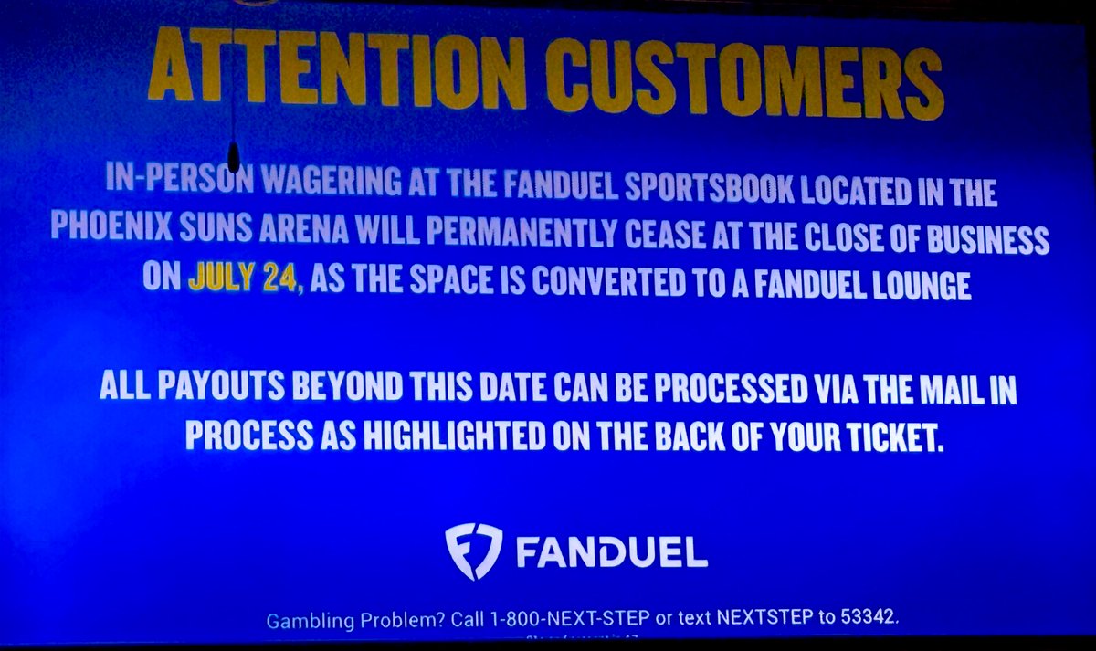 Tyler Wargo (@twargo25) on Twitter photo Fanduel ⚡️
Fanduel Sportbook is expected to shut down its downtown Phoenix location.
Fans will have to place their wagers before July 24, as the space will be used for a lounge instead.
<a href="/sportscronkite/">Cronkite News: Phoenix Sports</a> Fanduel ⚡️
Fanduel Sportbook is expected to shut down its downtown Phoenix location.
Fans will have to place their wagers before July 24, as the space will be used for a lounge instead.
<a href="/sportscronkite/">Cronkite News: Phoenix Sports</a>