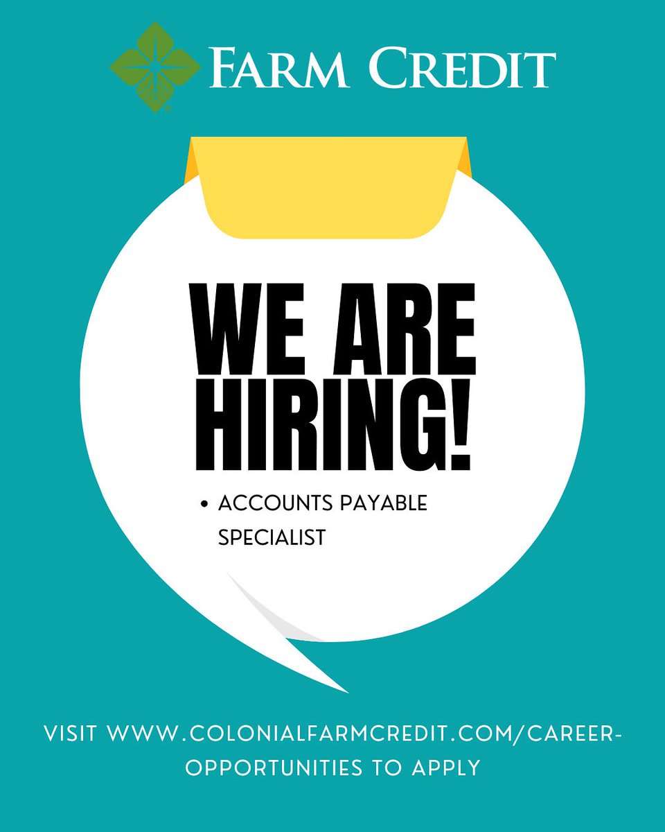 ColFarmCredit's tweet image. We’re hiring for an Accounts Payable Specialist. If you or someone you know if interested in this position, visit the link to apply!