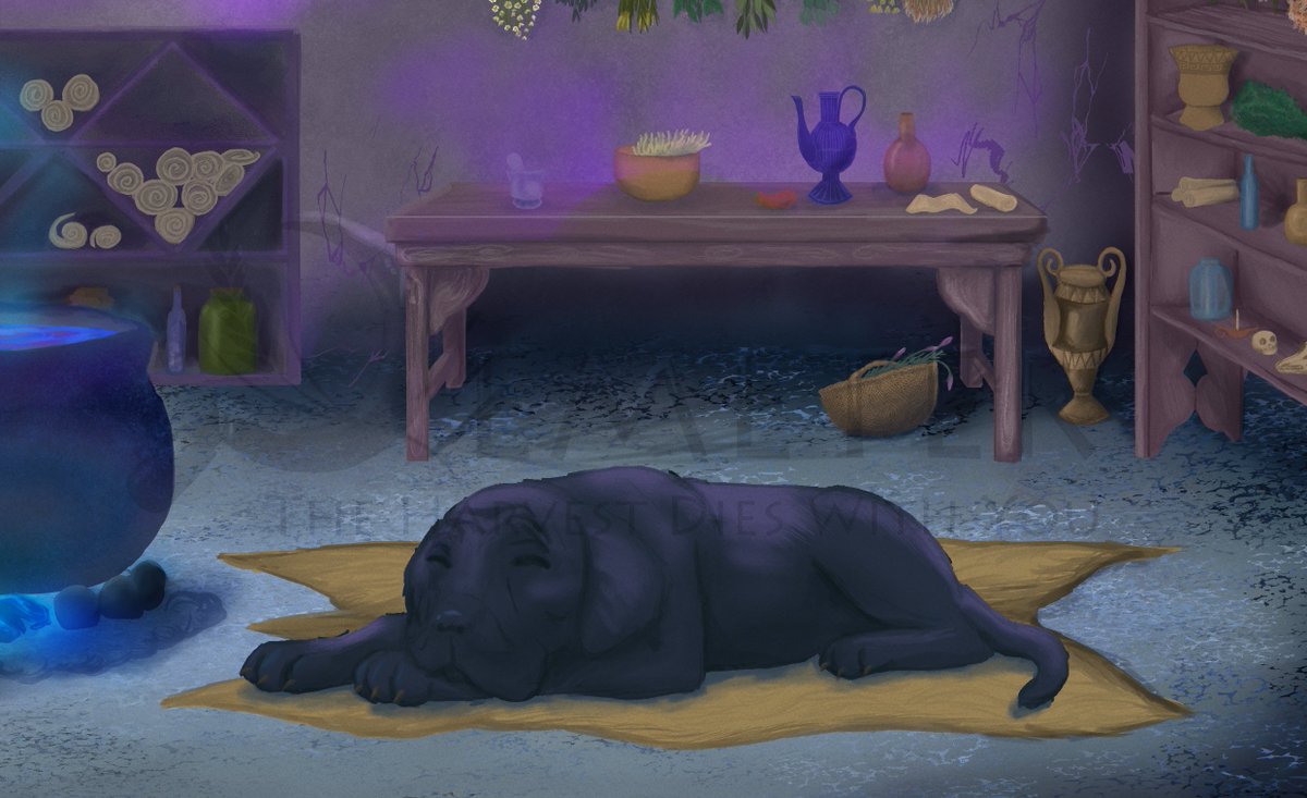 Happy #WIPWednesday! Today I wanted to show a small bit from one of the backgrounds our bg artist is working on for the full game~

This beautiful lass is very comfortable just resting at home, do you happen to know who her owner is?

#visualnovel #greekmythology