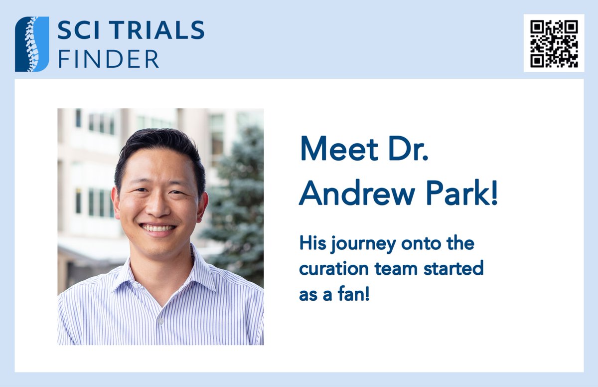 Meet Andrew! 👋Dr. Andrew Park is a #physician and #researcher at <a href="/CraigHospital/">Craig</a>. 🏥 🩺 His journey onto the team started as a fan! Having used SCITrialsFinder.NET with his patients, he connected with the team at a conference 2 years ago and has been a curator ever since. 🚀