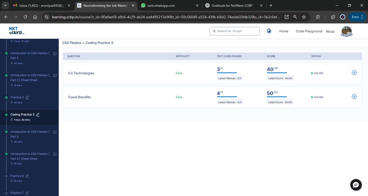 OfAnu20481's tweet photo. 🔥 Crushed CSS Flexbox Coding Practice 3 with 💯 scores — 40/40 & 50/50!
Grateful to @NxtWaveTech & CCBP 4.0 for turning every challenge into growth. 🚀
#NxtWave #CCBP #FutureReady #CodingJourney #Gratitude #CSSFlexbox https://t.co/f4qcgeayCl