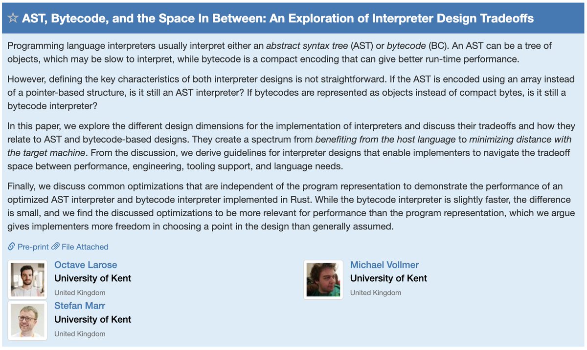 Stefan Marr (@smarr) on Twitter photo What's this? An abstract syntax tree? A bytecode? What does that even mean anymore?
Next Wednesday, <a href="/OctaveLarose/">Octave Larose</a> is going to explore those questions in his ICOOOLPS presentation.
Our draft paper is online already: 2025.ecoop.org/details/ICOOOL…
#interpreter #design #tradeoffs What's this? An abstract syntax tree? A bytecode? What does that even mean anymore?
Next Wednesday, <a href="/OctaveLarose/">Octave Larose</a> is going to explore those questions in his ICOOOLPS presentation.
Our draft paper is online already: 2025.ecoop.org/details/ICOOOL…
#interpreter #design #tradeoffs