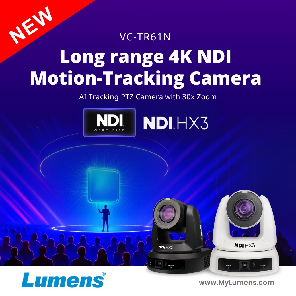 New Lumens VC-TR61N long-range auto-tracking camera built for large venues! 
Equipped with NDI HX3, AI-powered tracking, and high-quality streaming, the camera helps you capture every critical moment.
Press release:
lnkd.in/gw_ftUAg
More info:
lnkd.in/gHCRgdJ9