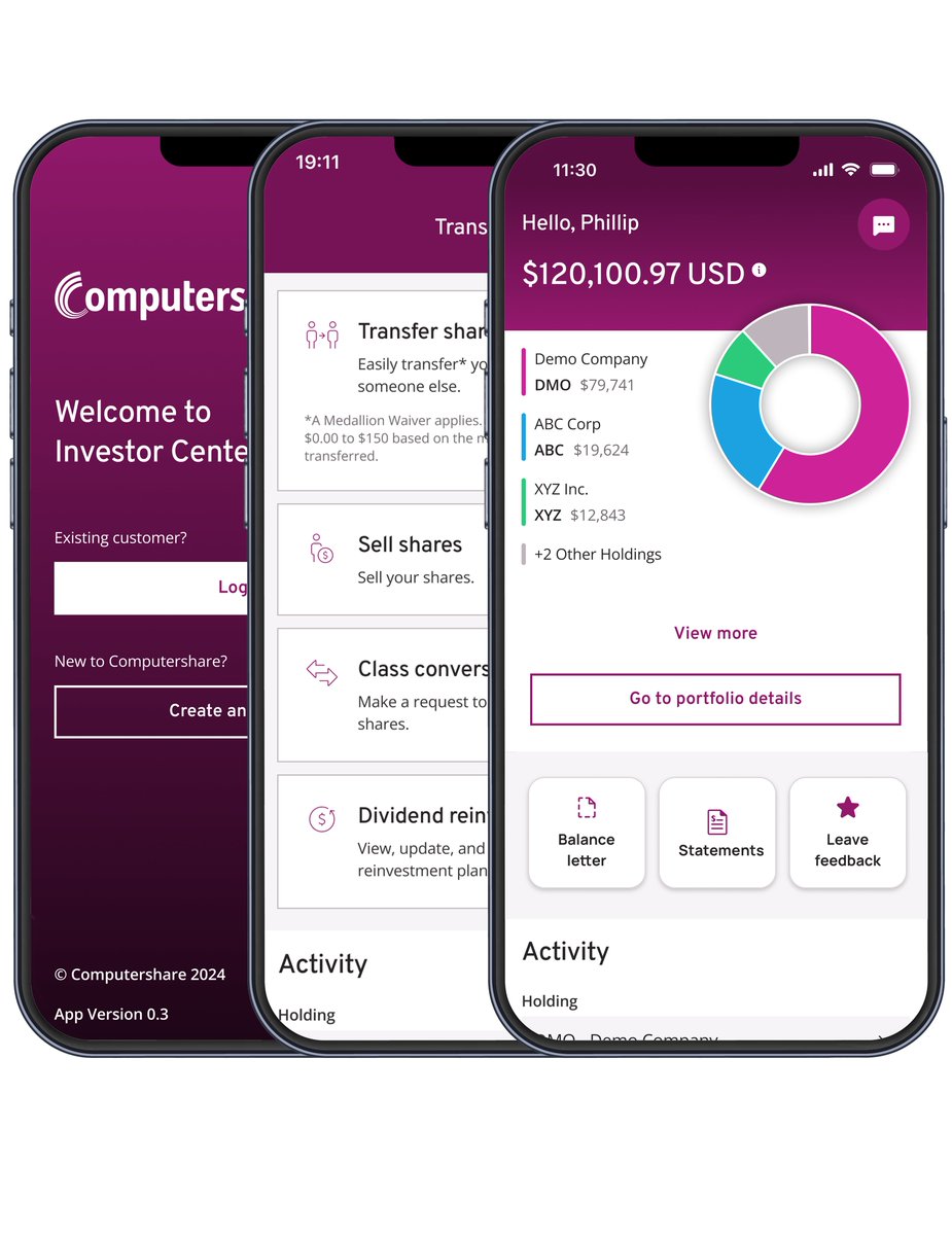 We’re pleased to release our new Investor Center Mobile App! This release provides the most-used features of our web-based Investor Center platform available on your mobile phone. Shareholders in US-based Computershare clients can now access and manage their investments easily,