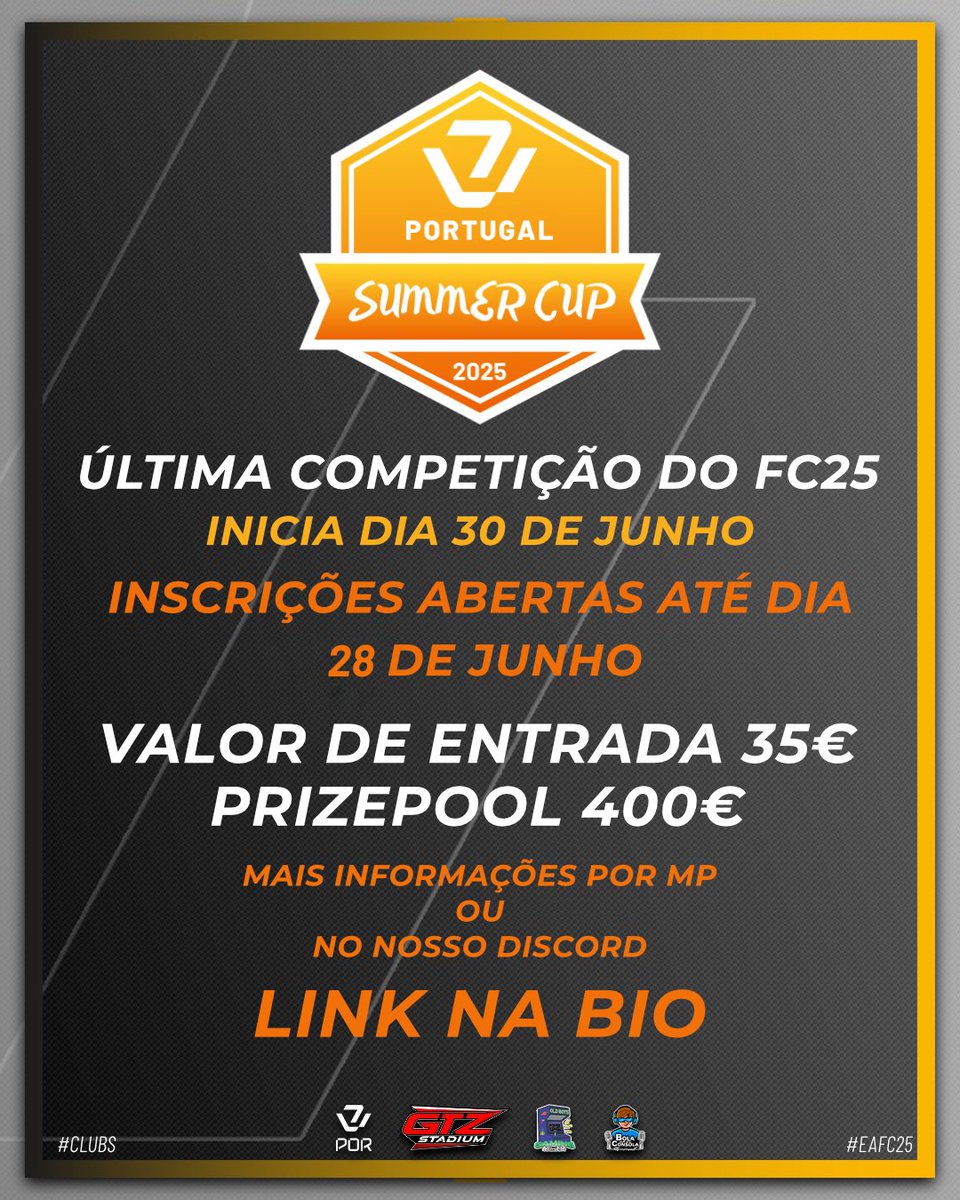 Iremos ter a nossa última competição deste FC25 a Summer CUP

Temos já 9 equipas pré inscritas também queres participar?

Inscreve já a tua equipa!

Passa pelo nosso discord para saberes tudo

discord.gg/39qwgca9bQ
