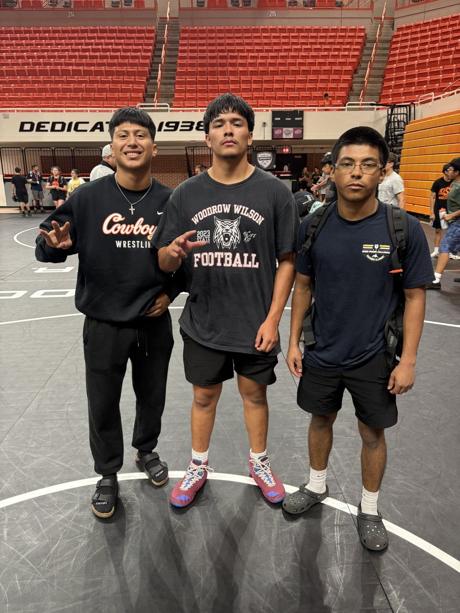Wildcat wrestlers Matthew Cabral, Matthew Sanchez, and Angel Jimenez putting in that extra work at Oklahoma State summer wrestling camp! 
<a href="/woodrow_sports/">Woodrow Wilson Athletics</a>