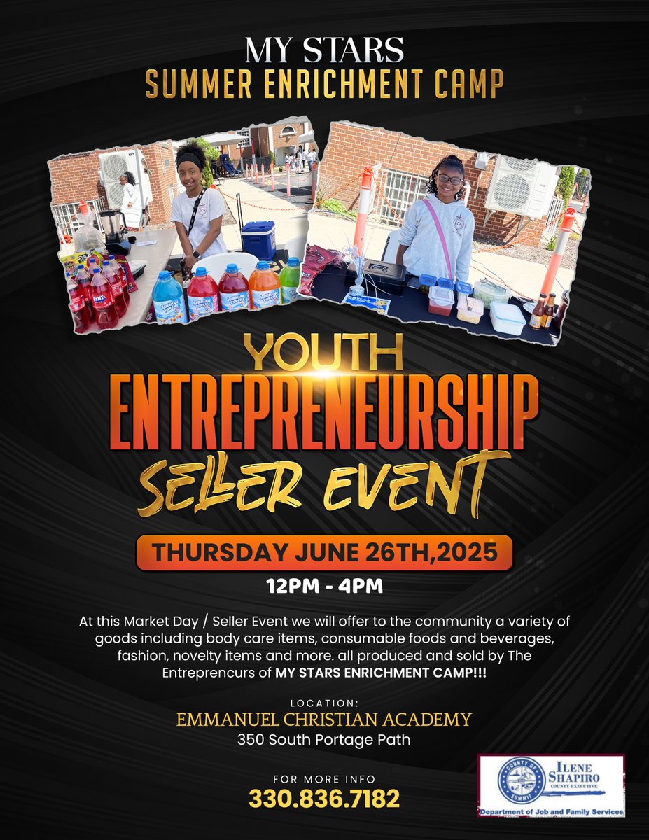 We invite the community to come out and support our young entrepreneurs during our Annual Market Day.

Tomorrow, June 26, 2025
12:00pm-4:00pm

Emmanuel Christian Academy
350 S. Portage Path, Akron, Ohio 44320