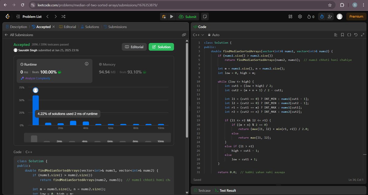 ByteSaurabh's tweet image. 🔥 Hard LeetCode classic cracked!
‘Median of Two Sorted Arrays’ | O(log(min(m,n))) Binary Search Partition Trick
Must-know for Google, Amazon, Microsoft Interviews #dsachallege #cplusplus #dsa2025 #leetcode #arrays
