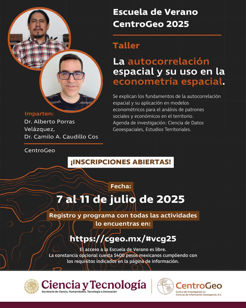 ¿Te interesa la ciencia, la tecnología y el territorio?
En la Escuela de Verano de CentroGeo aprenderás sobre las Ciencias de Información Geoespacial con expertos.
Valor curricular + talleres y pláticas
Del 7 al 11 de julio
Inscríbete aquí: cgeo.mx/#vcg25