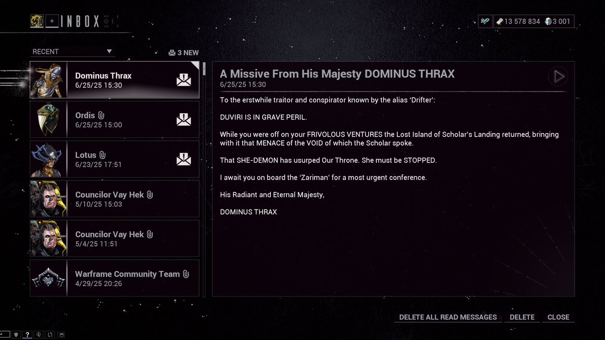 Fastolph's tweet image. I feel like #Warframe made this in-game message look like a Trump post on purpose... The character is a child king throwing temper tantrums in his own little pocket of reality, so that kinda tracks.
