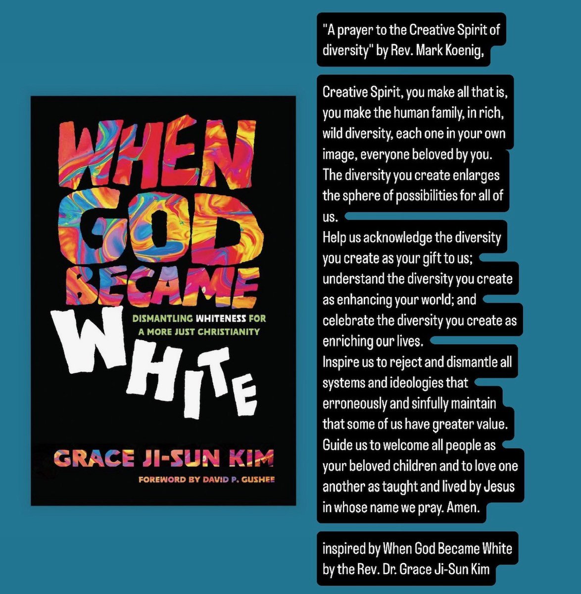 Thank you, Rev. Mark Koenig, for this prayer inspired by #WhenGodBecameWhite.
"A prayer to the Creative Spirit of diversity" by Rev. Mark Koenig

amzn.to/4ej7pp3