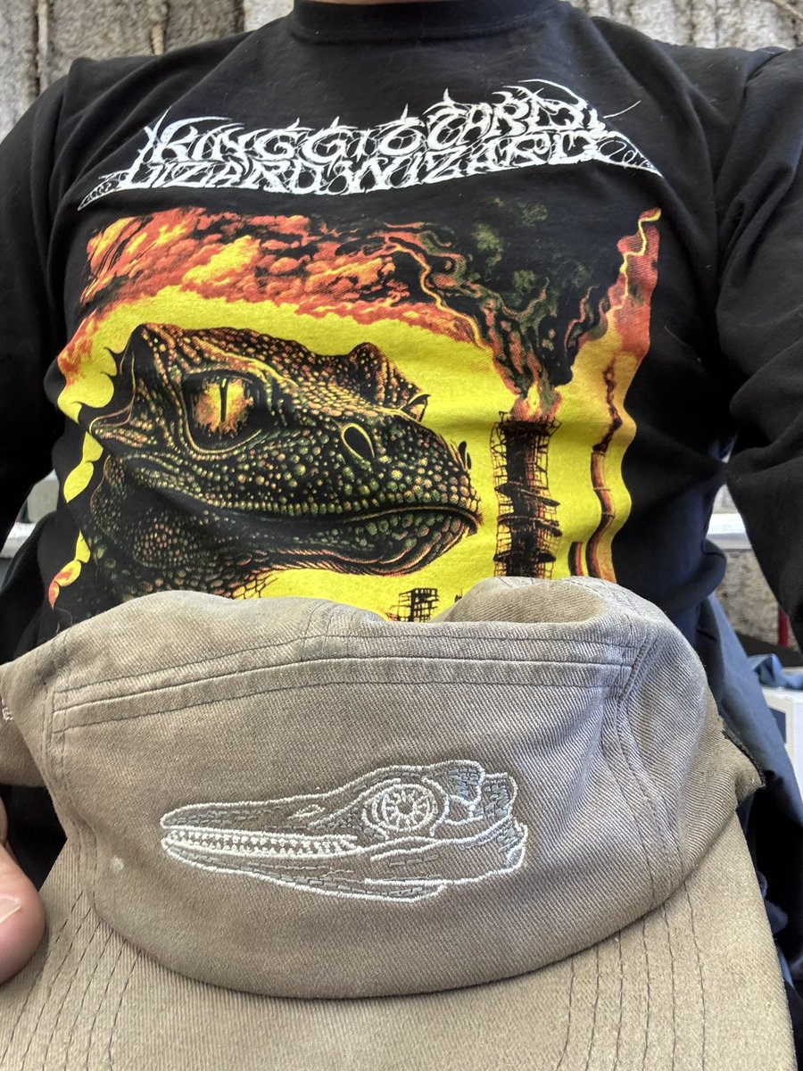 gallagherchase's tweet image. Got a lizard on my shirt and a (fish) lizard on my hat. I am dressed like a child.