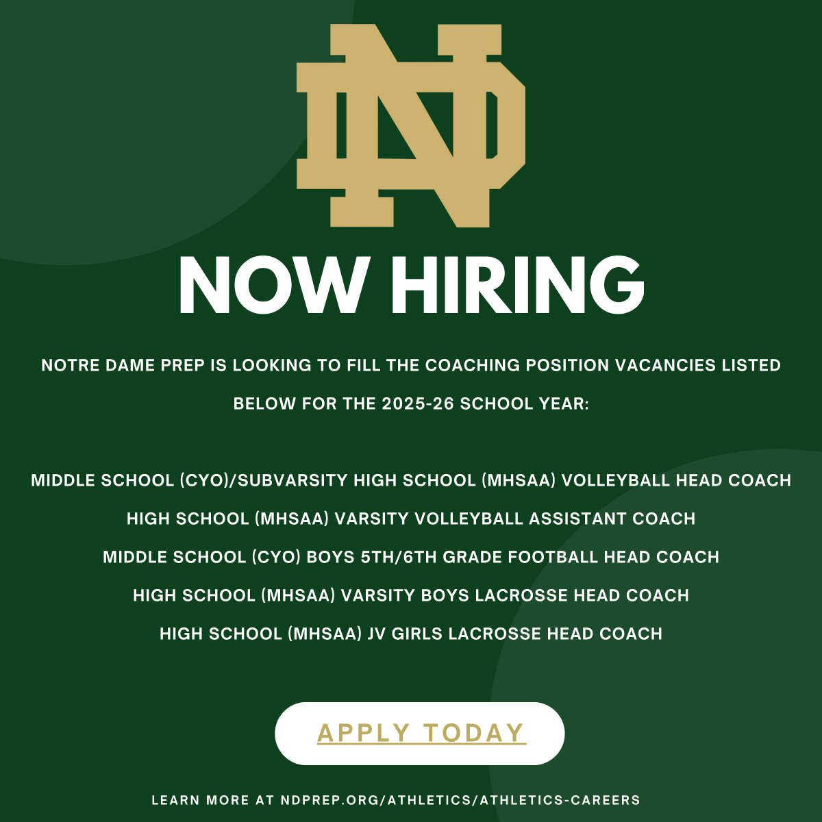 NDPMA Athletics (@ndpma_athletics) on Twitter photo Interested in joining a community of 31 athletic programs and over 75 teams? Notre Dame Prep is looking for candidates to join our 2025-26 coaching staff. Visit ndprep.org/athletics/athl… for more information and to view our open positions. <a href="/NDPMA/">Notre Dame Prep</a> <a href="/MIPrepZone/">MIPrepZone</a> Interested in joining a community of 31 athletic programs and over 75 teams? Notre Dame Prep is looking for candidates to join our 2025-26 coaching staff. Visit ndprep.org/athletics/athl… for more information and to view our open positions. <a href="/NDPMA/">Notre Dame Prep</a> <a href="/MIPrepZone/">MIPrepZone</a>