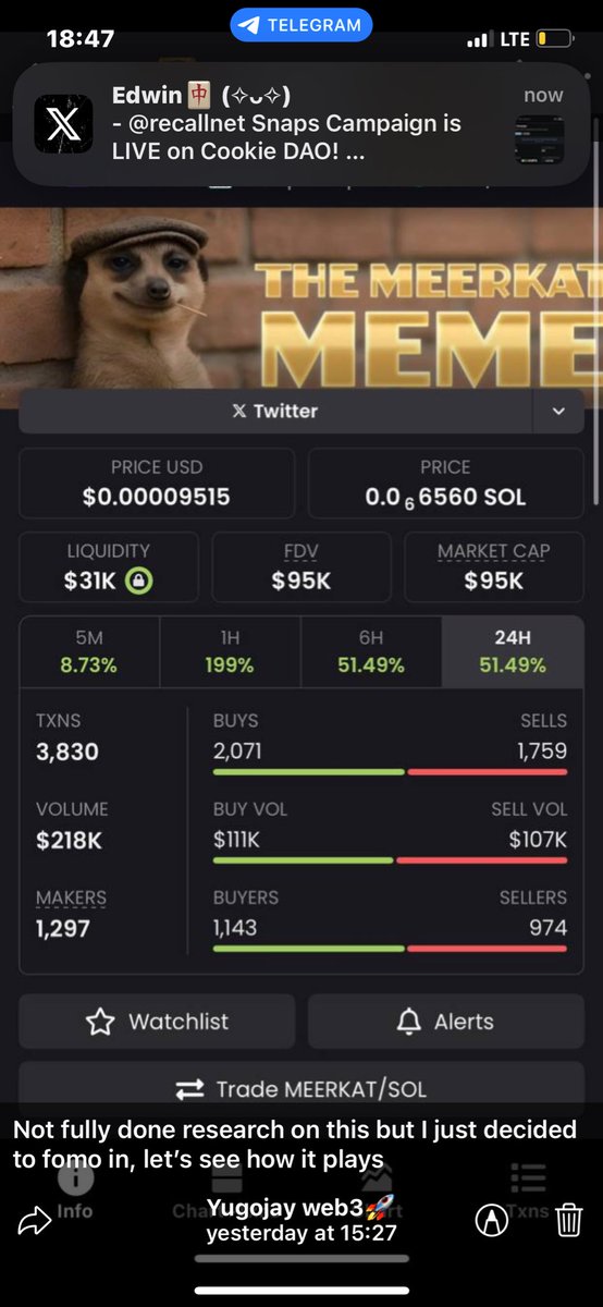 YugoJay's tweet photo. I joked about this on X yesterday and still decided to Fomo in. Dropped the call on my TG. Unfortunately not all my homies ate from this but it’s a good win for the small growing community.

#Web3 
#documetation https://t.co/oZxXm6I9id