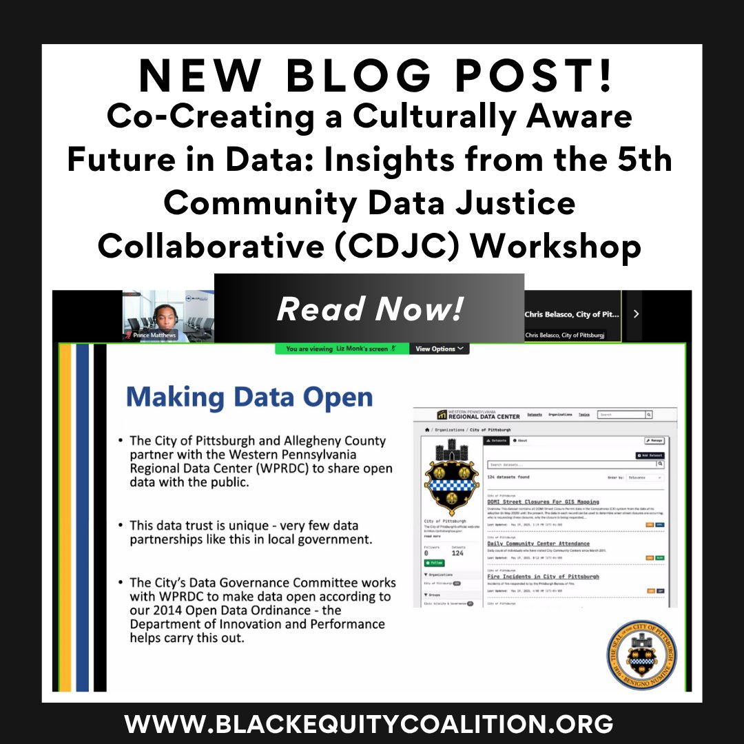 Black Equity Coalition (BEC) (@blackequitybec) on Twitter photo Co-Creating a Culturally Aware Future in Data: Insights from the 5th Community Data Justice Collaborative (CDJC) Workshop
On May 22, 2025, the Community Data Justice Collaborative (CDJC)—a dynamic partnership between the Black Equity Coalition (BEC) and the City of Pittsburgh Co-Creating a Culturally Aware Future in Data: Insights from the 5th Community Data Justice Collaborative (CDJC) Workshop
On May 22, 2025, the Community Data Justice Collaborative (CDJC)—a dynamic partnership between the Black Equity Coalition (BEC) and the City of Pittsburgh