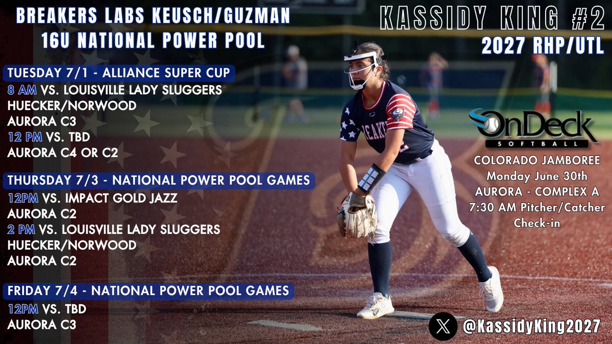 Heading to Colorado, looking forward to playing in the Alliance Super Cup and the 16U National Power Pool. Here’s our schedule to date: <a href="/BreakersKeusch/">Breakers Labs - Keusch/Guzman 16u</a> <a href="/ExtraInningSB/">EXTRA INNING SOFTBALL</a> <a href="/LineDsoftball/">Line Drive Media</a> <a href="/los_stuff/">Carlos Arias</a> <a href="/NCSA_Softball/">NCSA Softball</a> <a href="/LegacyLegendsS1/">Legacy & Legends Softball</a> <a href="/ondecksoftball/">OnDeck Softball 🥎</a>