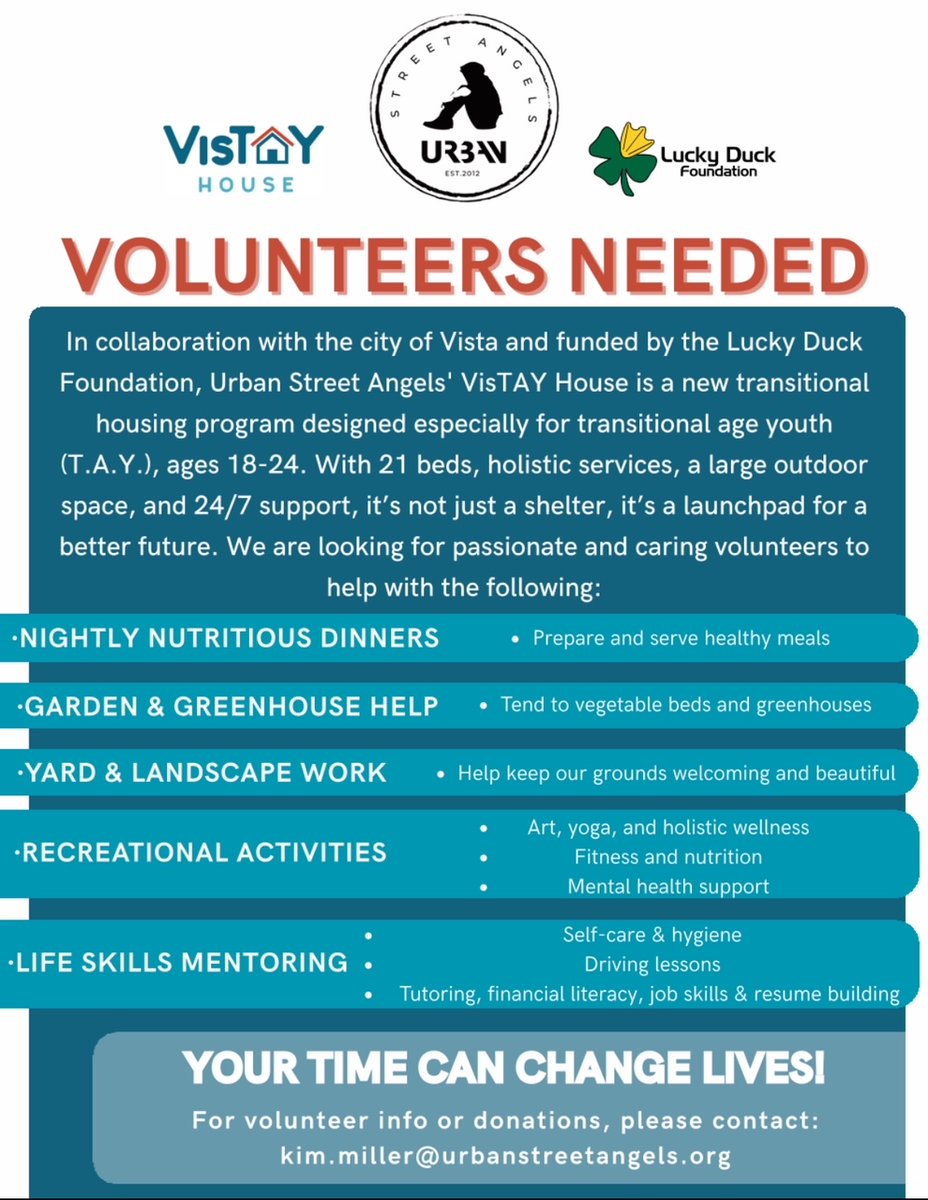 Looking for a hands-on way to give back? <a href="/USAangels/">Urban Street Angels</a>’ VisTAY House is calling on volunteers to support youth transitioning out of homelessness. From meals to mentorship, your time matters. #urbanstreetangels #vistayhouse #endhomelessnessSD #housing4all