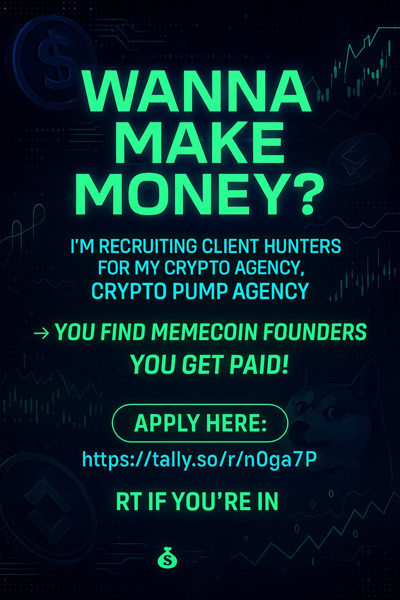 Crypto_PumpOFF's tweet photo. 🚀 Wanna make money?

💼 I’m recruiting client hunters for my crypto agency.

👉 You find memecoin founders
💰 You get paid!

📝 Apply here: https://t.co/YomByXXc87

RT if you’re in 💸
#recrutement #crypto #memecoin #job https://t.co/Jgthhvv9u1