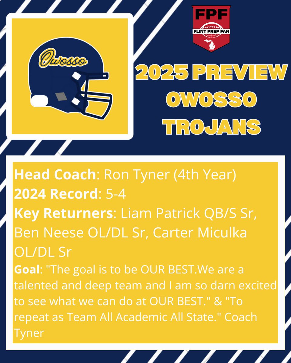 Flint Prep Fan (@flintprepfan) on Twitter photo Owosso Trojans 2025 Football Preview
<a href="/owossoathletics/">OHS Athletics</a> <a href="/OwossoTrojan_FB/">Owosso High School Football</a> <a href="/OHS_CoachTyner/">Ron Tyner</a> <a href="/CarterMiculka/">Carter Miculka</a> Owosso Trojans 2025 Football Preview
<a href="/owossoathletics/">OHS Athletics</a> <a href="/OwossoTrojan_FB/">Owosso High School Football</a> <a href="/OHS_CoachTyner/">Ron Tyner</a> <a href="/CarterMiculka/">Carter Miculka</a>