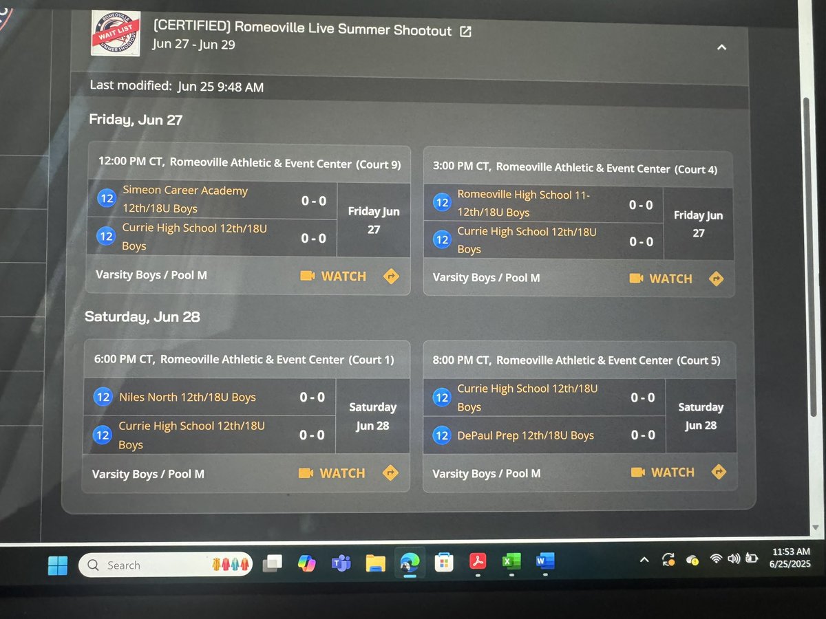 Curie schedule for the Romeoville Live period