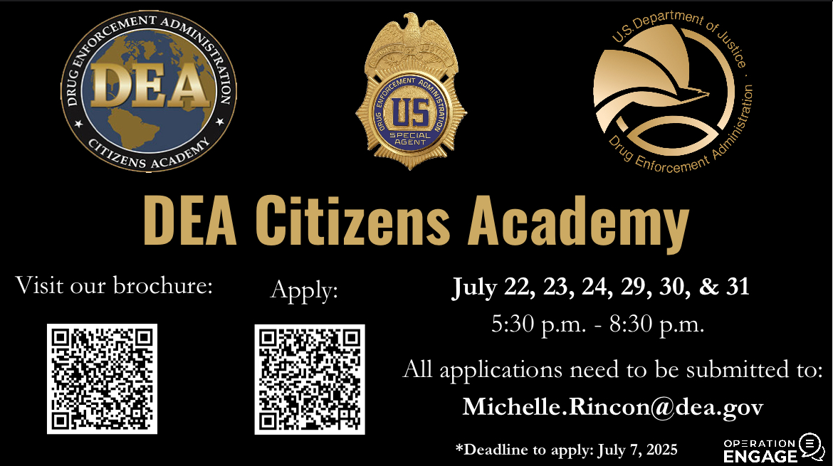 Less than two weeks left to apply for the DEA Citizens Academy. Those who work or live in the greater #Albuquerque area are encouraged to apply. To learn more about the academy, or to apply, scan the corresponding QR code. #Deadline to apply is July 7 at midnight.
#OpEngageABQ