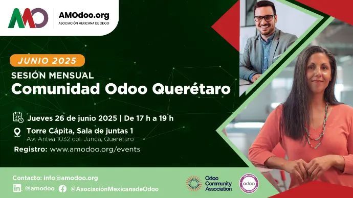 The Mexican Odoo Association invites you to their monthly Odoo Meetup in 
Querétaro.

🔘 Date: 26th June 2025
🔘 Time: 5:00pm - 7:00pm
🔘 Venue: Torre Cápita, 2nd floor, Boardroom 1,Santiago de Querétaro, QRO

Details:
odoo-community.org/event/odoo-que…
Registration:
amodoo.org/event/meetup-o…