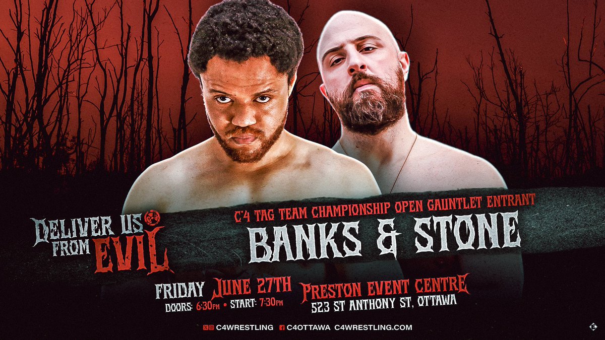 C*4 🍁 (@c4wrestling) on Twitter photo Your final participants are set for the Tag Team Championship open gauntlet for this Friday'!
Eight teams will step up to challenge for the titles, but who will walk away?!
Do not miss this LOADED show.
C4DeliverUsFromEvil.eventbrite.ca
<a href="/VertigoOttawa/">Vertigo Records</a> <a href="/OddsSodsShoppe/">TheODDs&SODsShoppe</a> Your final participants are set for the Tag Team Championship open gauntlet for this Friday'!
Eight teams will step up to challenge for the titles, but who will walk away?!
Do not miss this LOADED show.
C4DeliverUsFromEvil.eventbrite.ca
<a href="/VertigoOttawa/">Vertigo Records</a> <a href="/OddsSodsShoppe/">TheODDs&SODsShoppe</a>