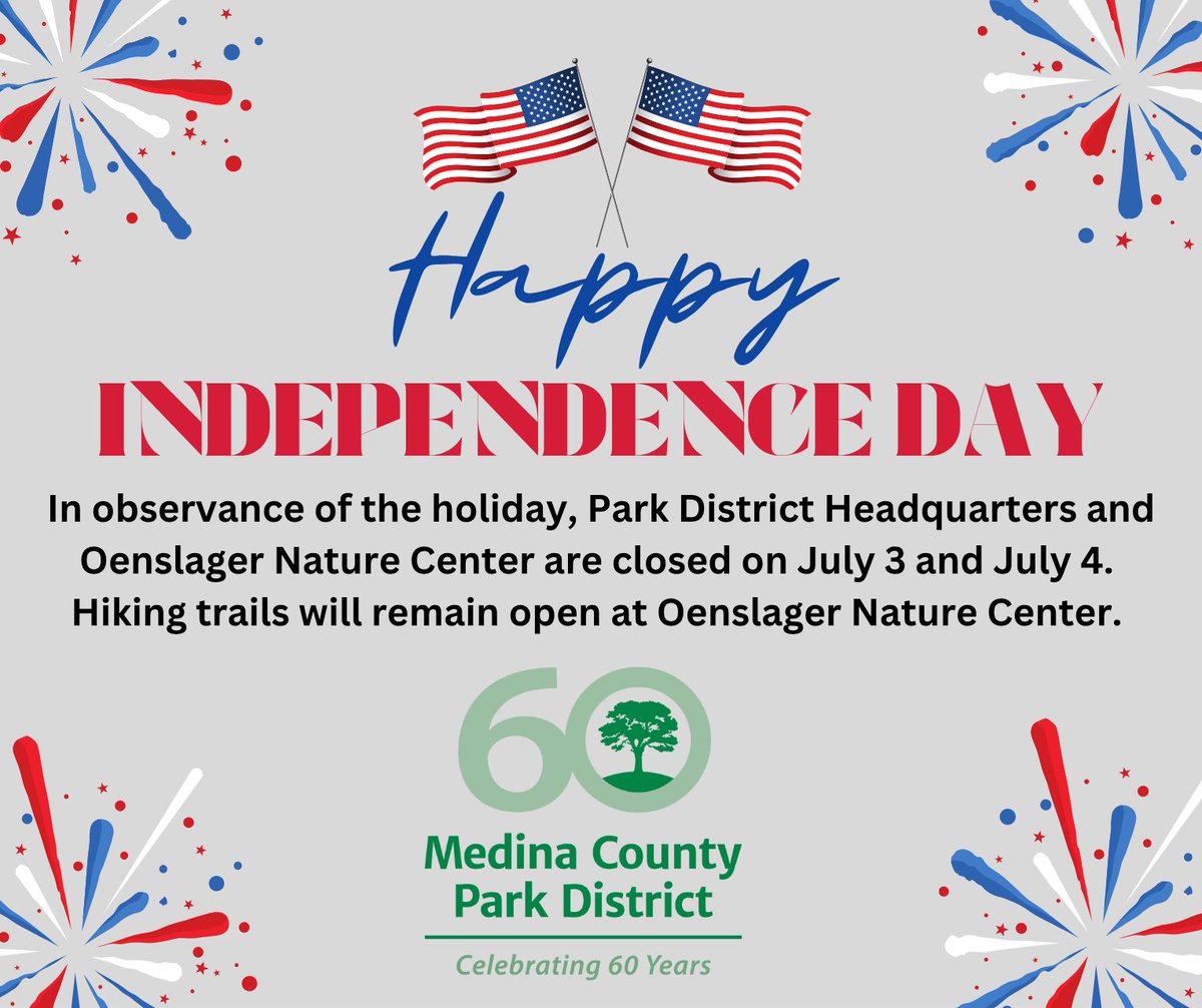 Please note that Oenslager Nature Center and Park District Headquarters are closed on July 3 and 4 in observance of the holiday. Hiking trails at Oenslager Nature Center will remain open from 6 a.m. to one hour past sunset. #medinacountyparks