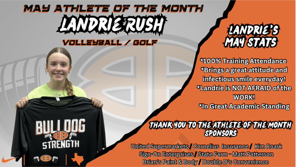 Congratulations Landrie! She exemplifies the Bulldog Way &amp; will receive an Athlete of the Month t-shirt from our sponsors! <a href="/burkburnettisd/">Burkburnett ISD</a> <a href="/BradOwenBISD/">Brad Owen Ed. D.</a>